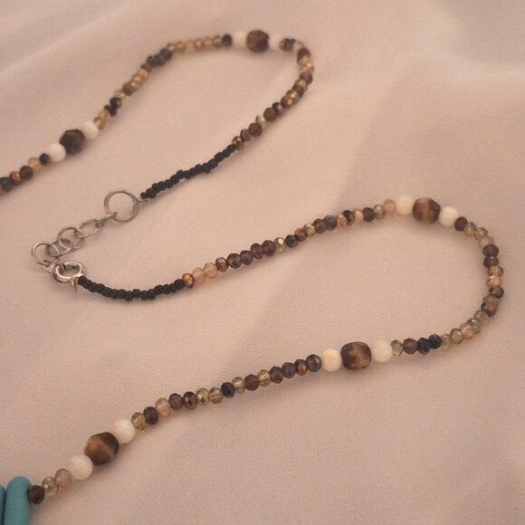 Artisan Beaded Bohemian Turquoise Spikes Shell Crystal Necklace - Picture 3 of 5